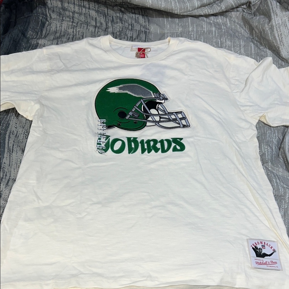 Mitchell & Ness Cream T-Shirt with EAGLES  Green Helmet Design and GO BIRDS!